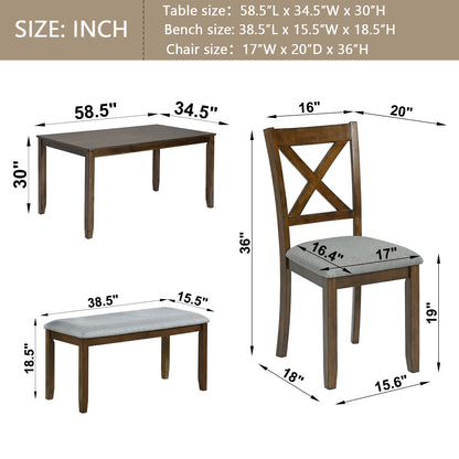 Xeno 6pc Dining Set Wooden Table 4x Side Chairs And Bench - Walnut