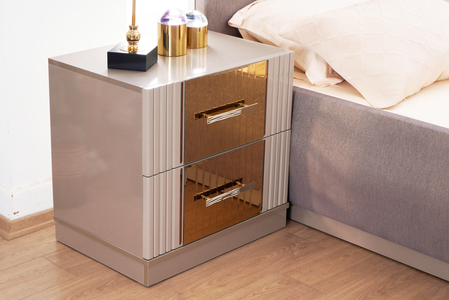 Lorenzo Gold Detailed Nightstand made - Gray