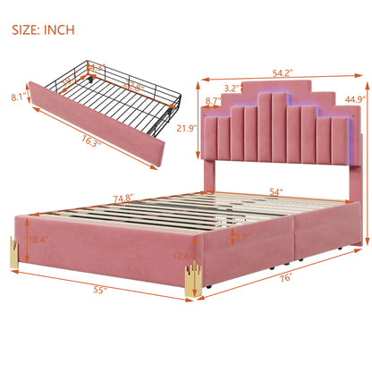 Neco Full Size Platform Bed with LED and 4 Drawers - Pink