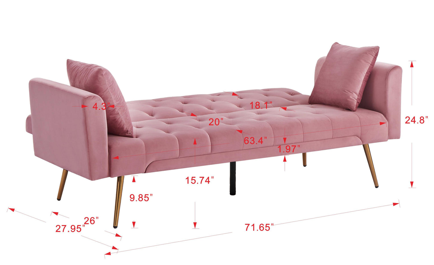 Tasa Velvet Futon Sofa Bed with Metal Legs & 2 Pillows - Pink