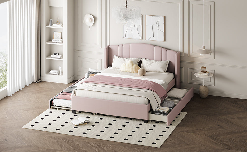 Mali Queen Size Platform Bed with Wingback Headboard - Pink