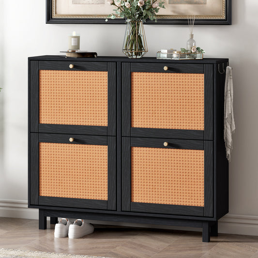 Rattan Boho Style Shoe Cabinet - Black