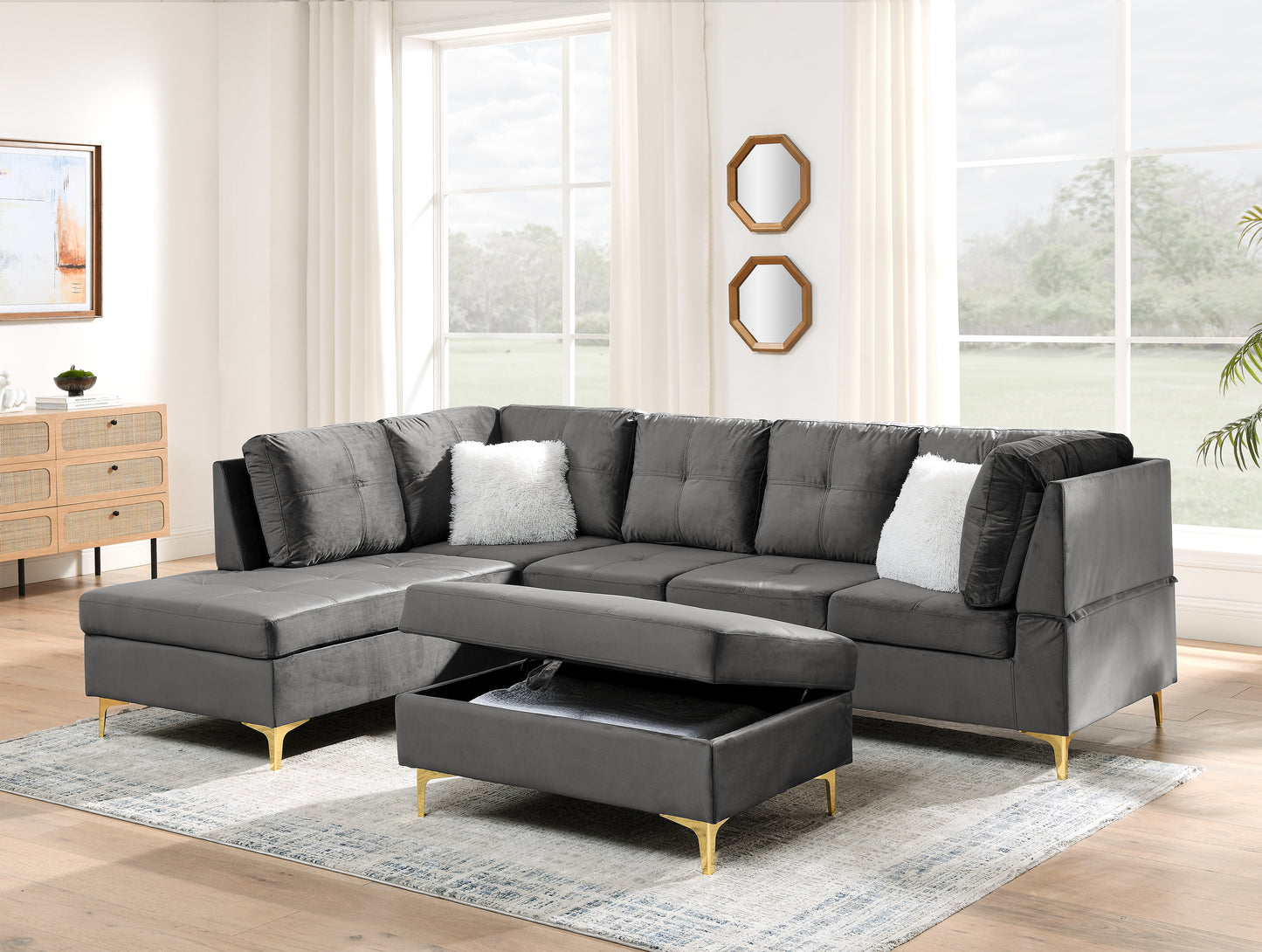 Lenavo Velvet Sectional Sofa - Gray