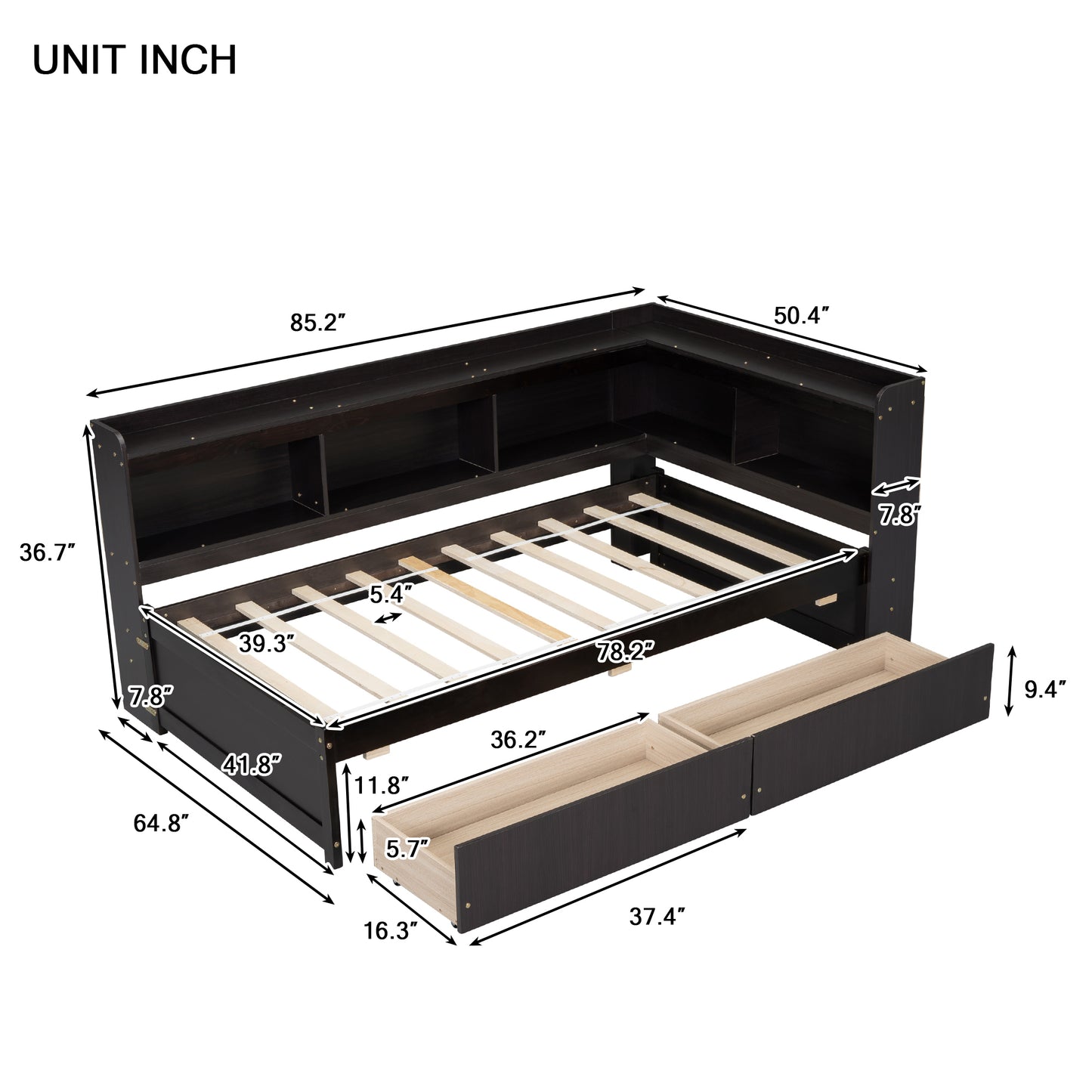 Parker Twin Size Daybed with Bookcases -Drawers - Espresso