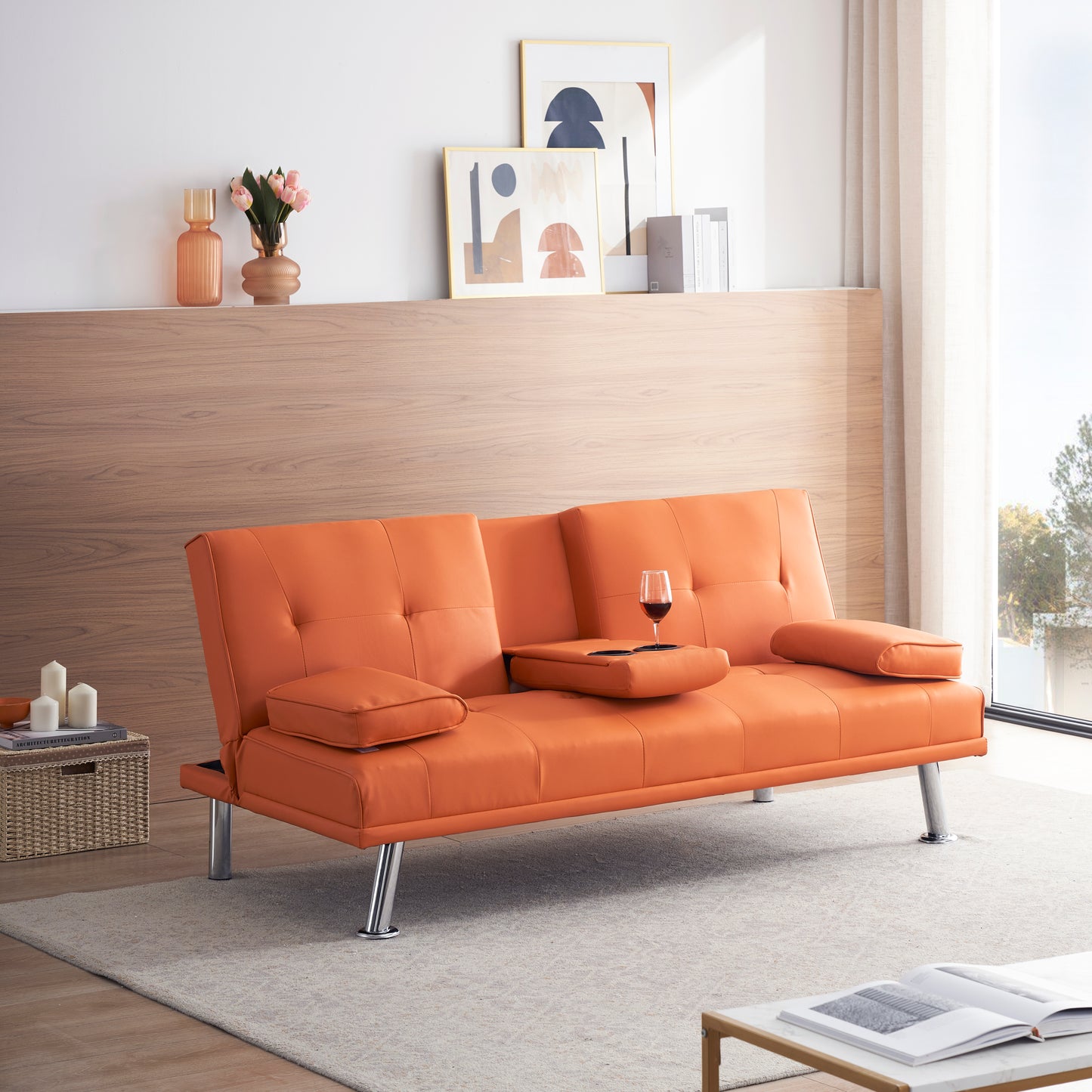 Neza Convertible Faux Leather Sofa Bed  - Orange