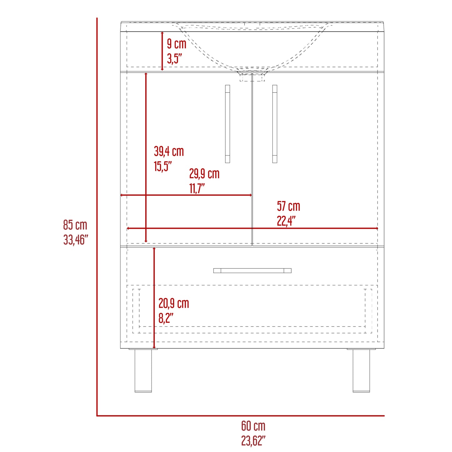 2-Door Rectangle Single Bathroom Vanity - White