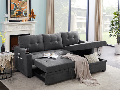 Mabel Woven Fabric Sleeper Sectional with cupholder, USB charging port and pocket - Dark Gray