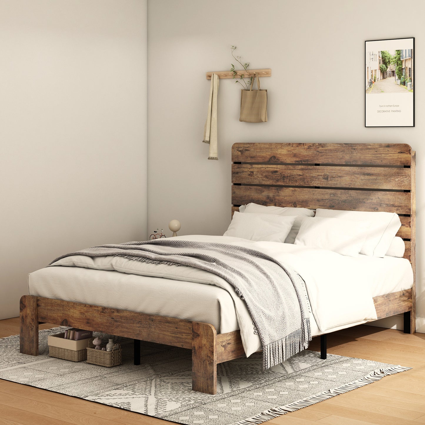 Kumo King Size Wood Platform Bed Frame - Dark Brown