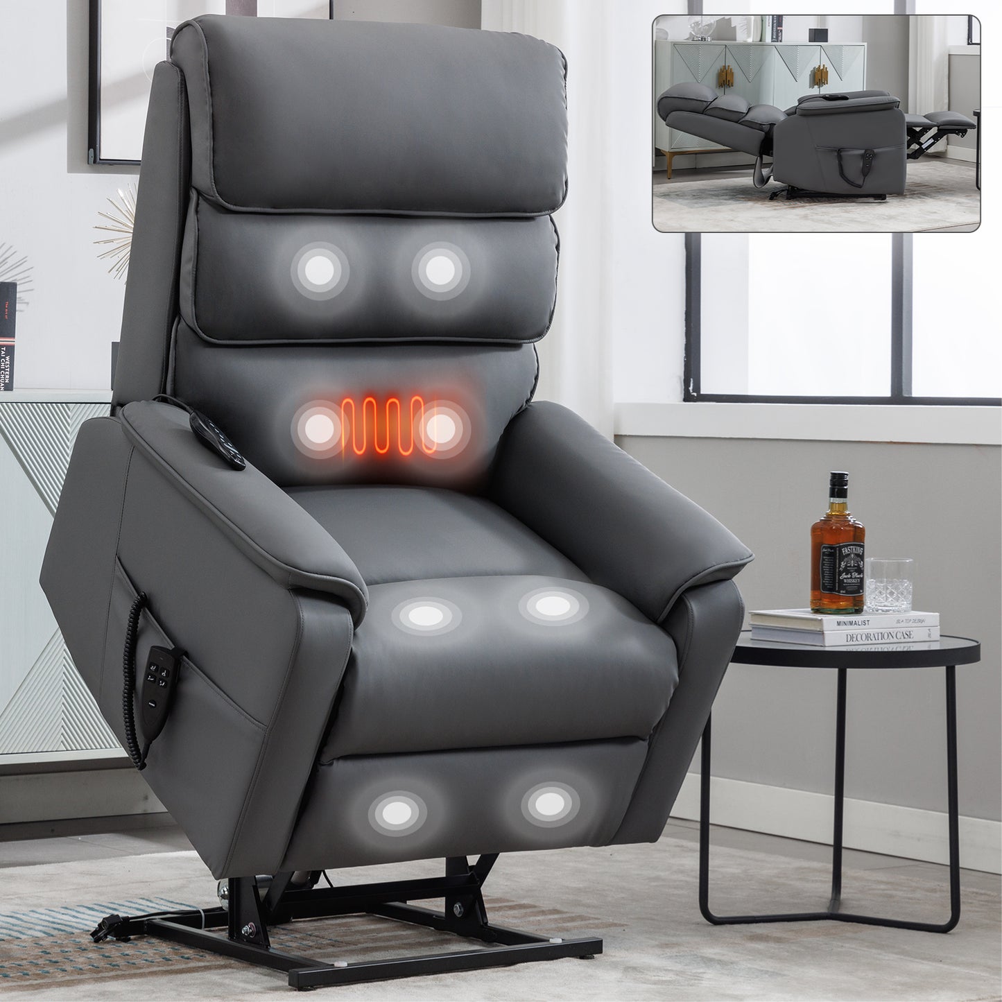 Hannah Power Lift Leather Recliner Chair with Heat Massage - Gray