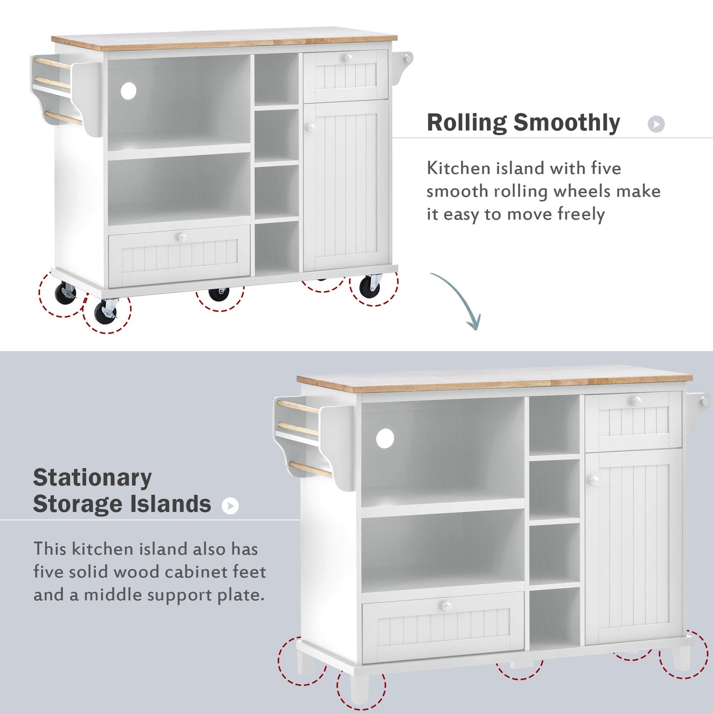 Retro Kitchen Island Cart with Storage Cabinet - White