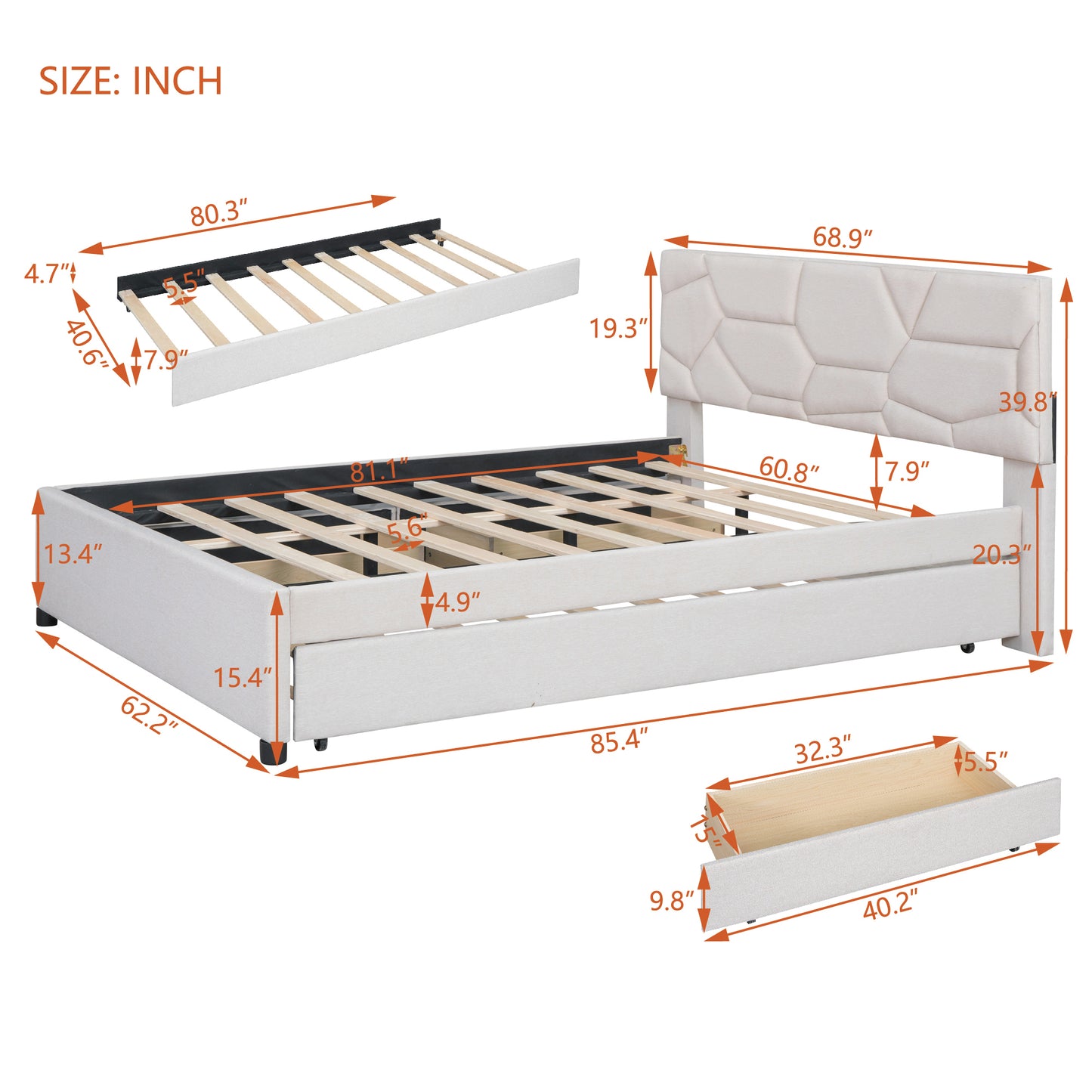 Brick Queen Size Platform Bed with 2 drawers and Twin Size Trundle - Beige