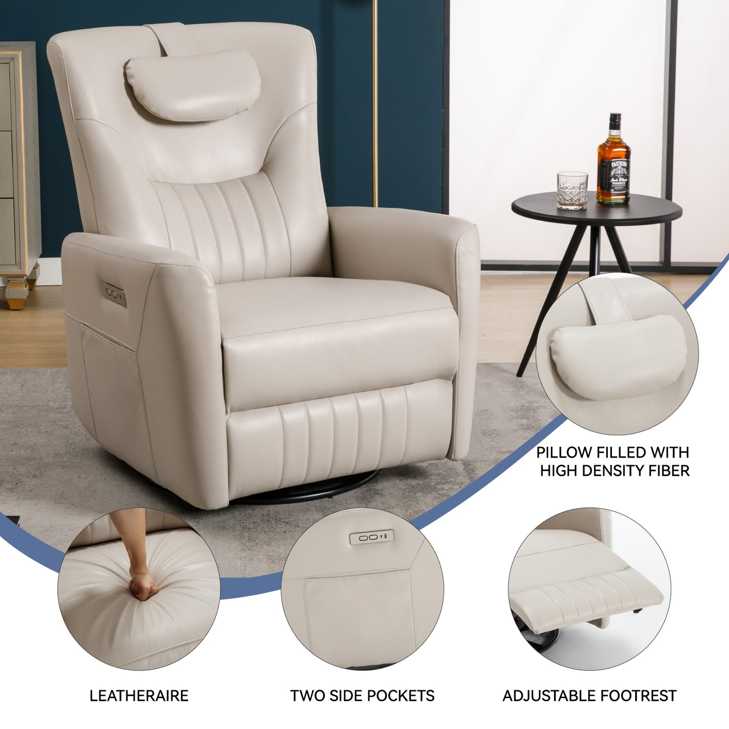 Davila Swivel and Rocker Power Recliner Chair with Lumbar and Neck Support - Light Gray