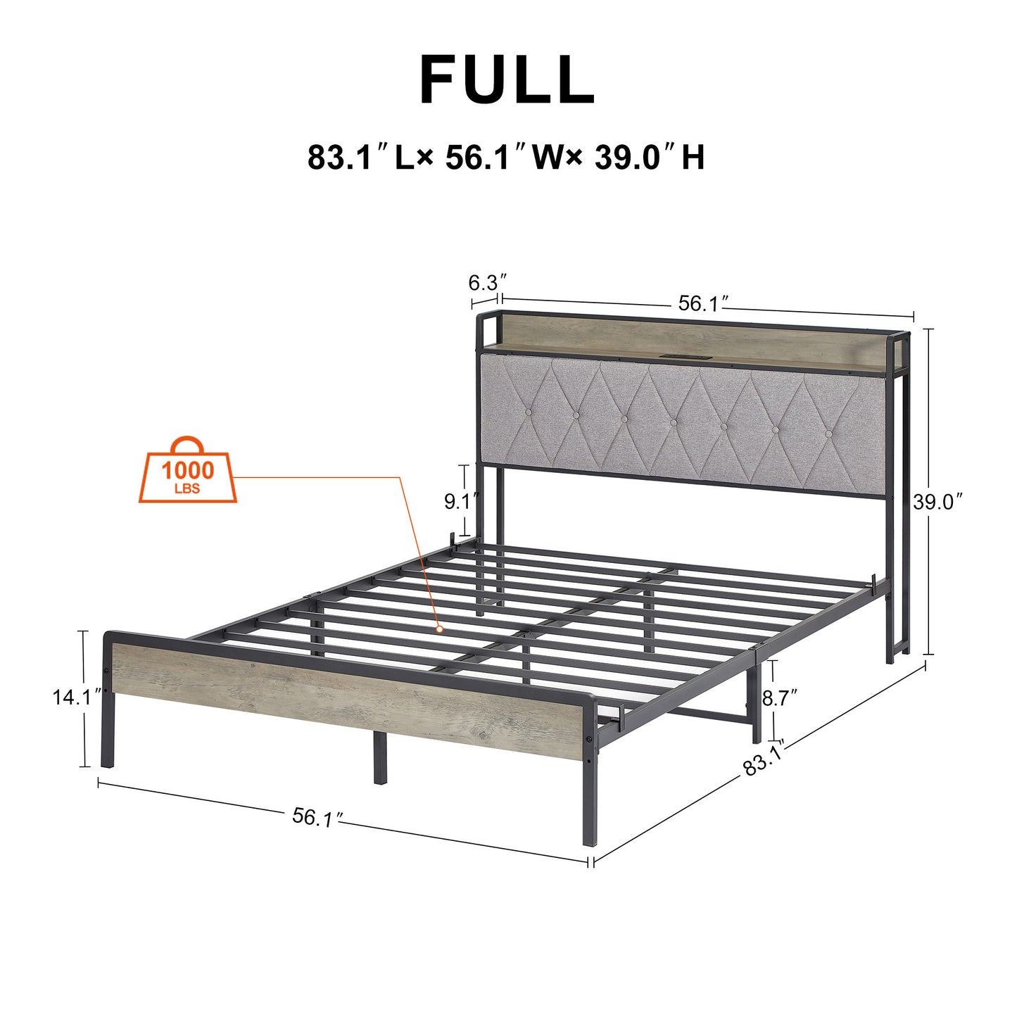 Biony Full Size Metal Bed Frame W Charging Station - Gray