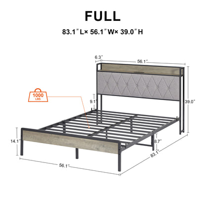 Biony Full Size Metal Bed Frame W Charging Station - Gray