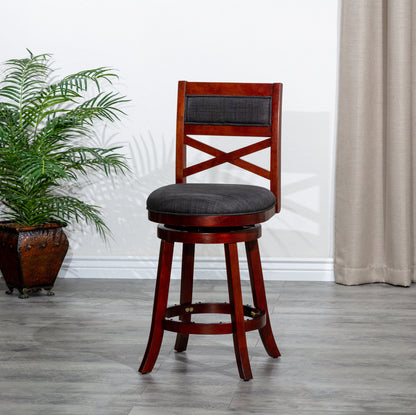 Counter Height X-Back Swivel Stool, Cherry Finish, Charcoal Fabric Seat