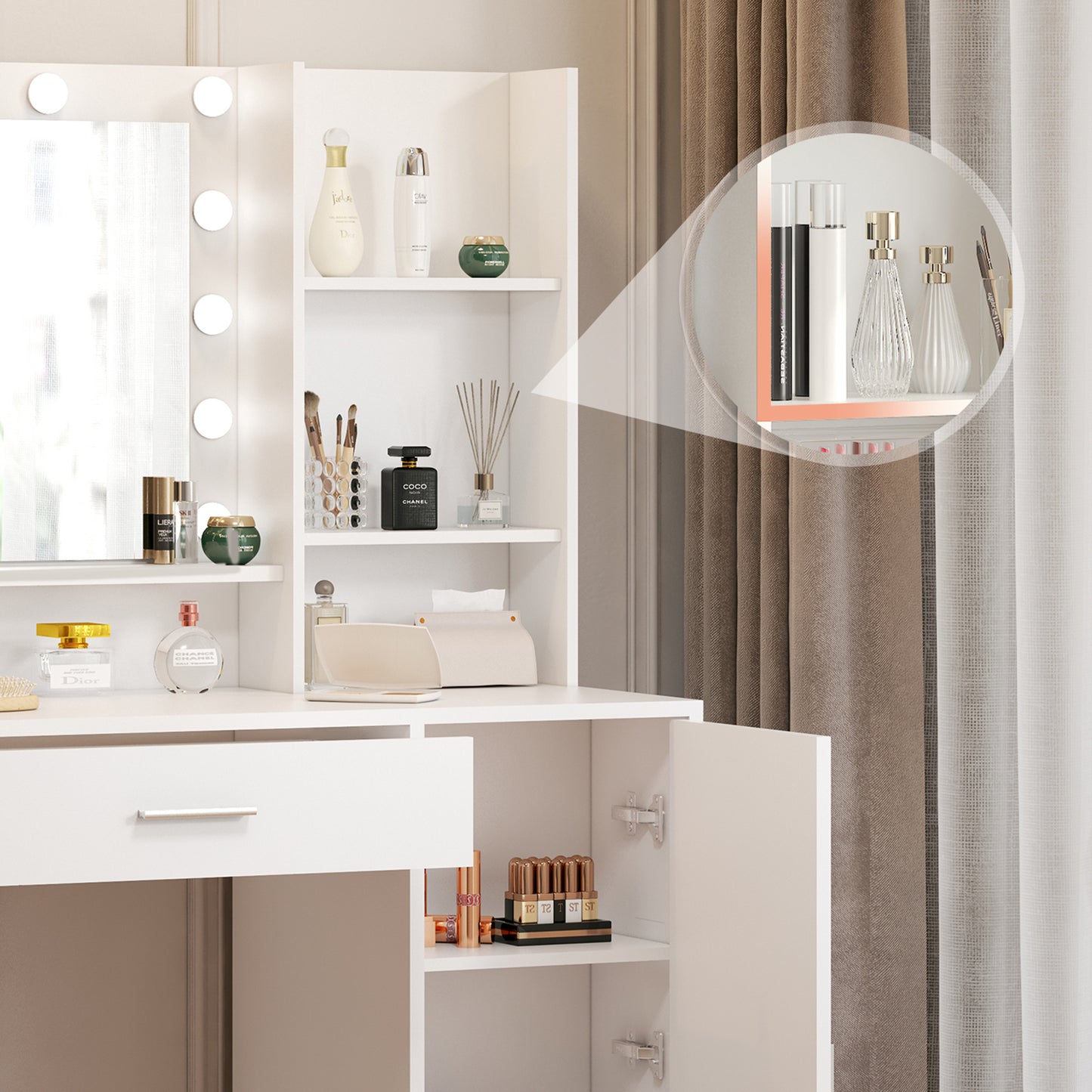 Emma Vanity Desk with Mirror & Light - White