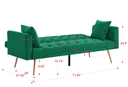 Tasa Velvet Futon Sofa Bed with Metal Legs & 2 Pillows - Green