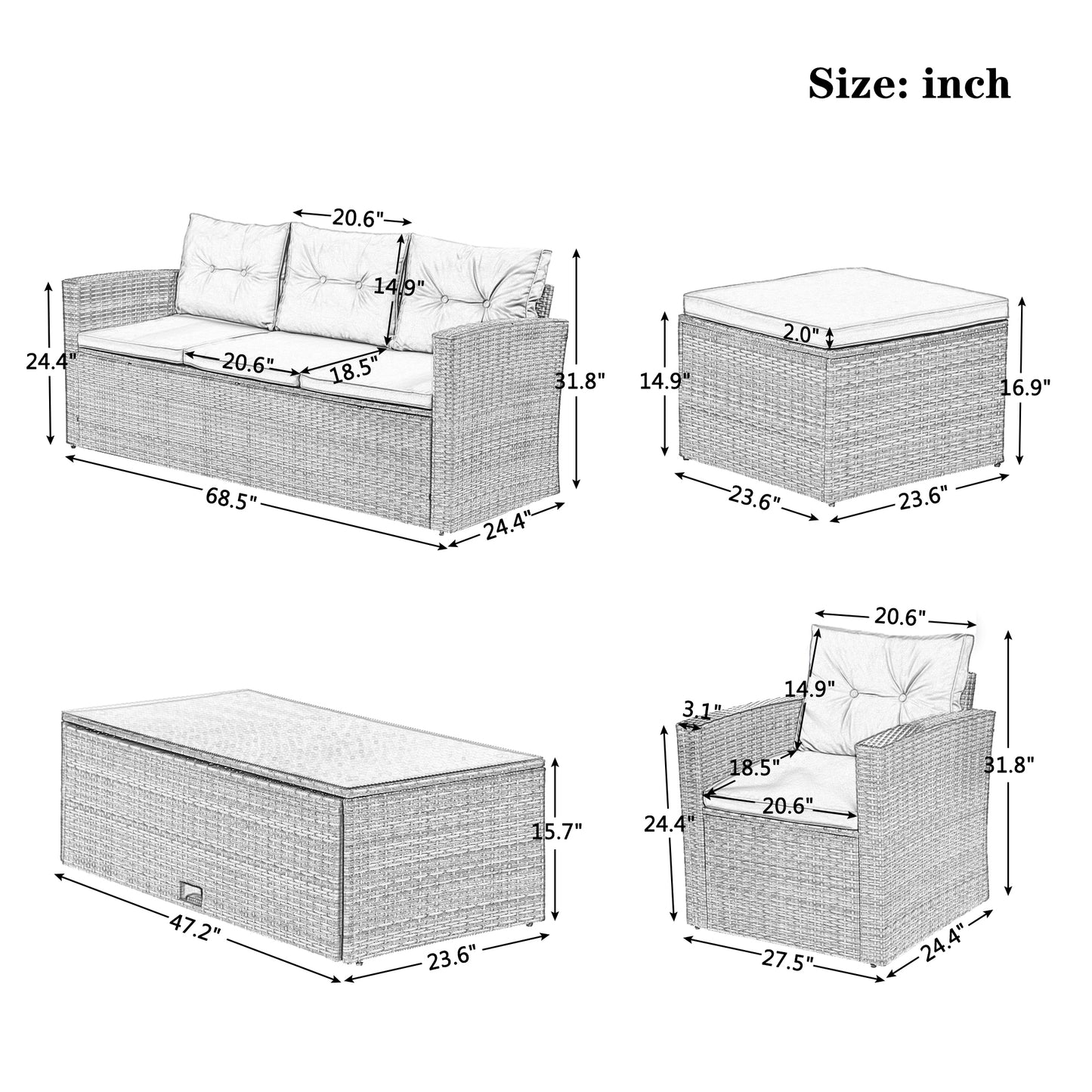 Prado 6 Pc PE Rattan Outdoor Patio Furniture Set - Gray