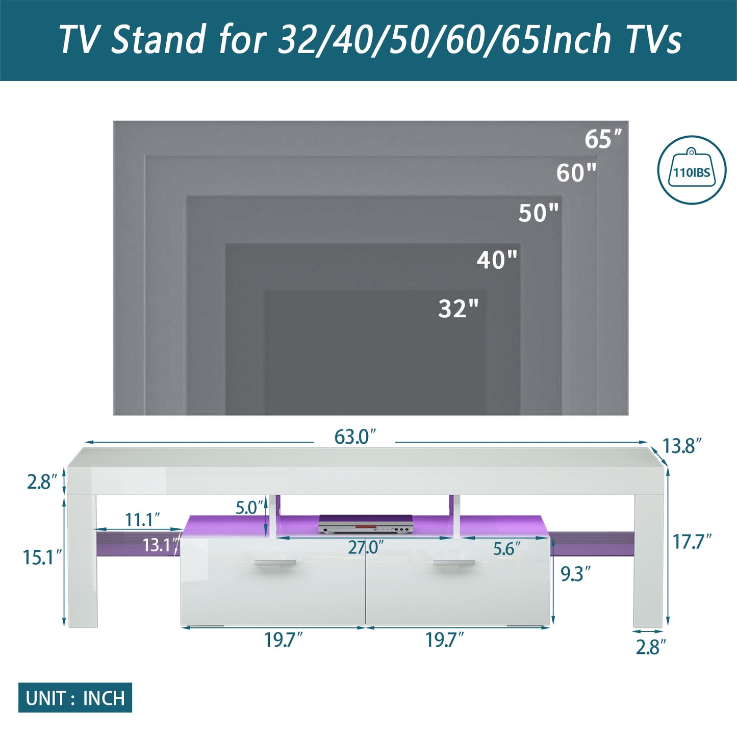 Lacey TV Stand with LED light - White