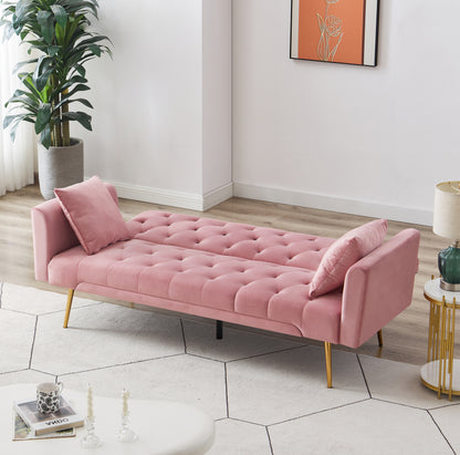 Tasa Velvet Futon Sofa Bed with Metal Legs & 2 Pillows - Pink