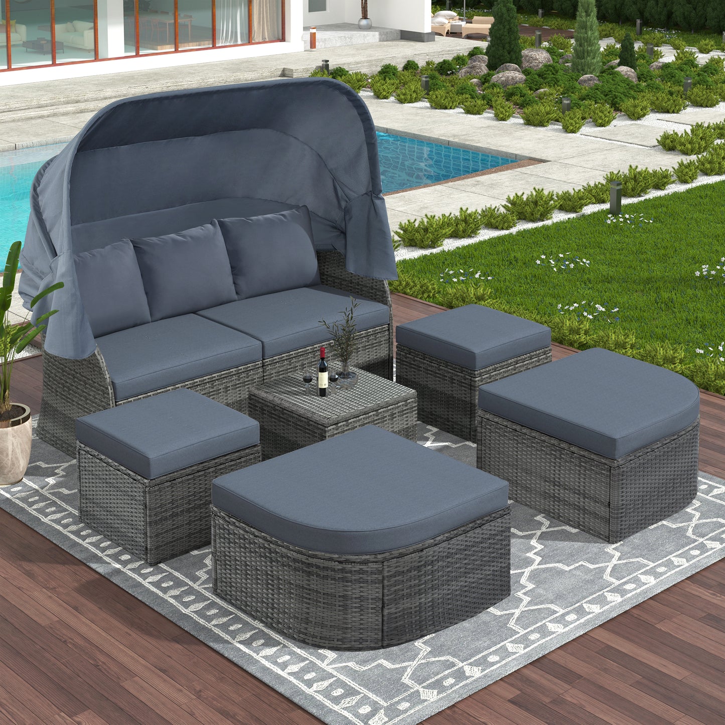 Zella Outdoor Daybed with Retractable Canopy Set - Gray