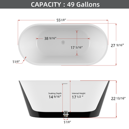 Madison 55" Minimalist  Acrylic Freestanding Soaking Bathtub  -  Gloss Black