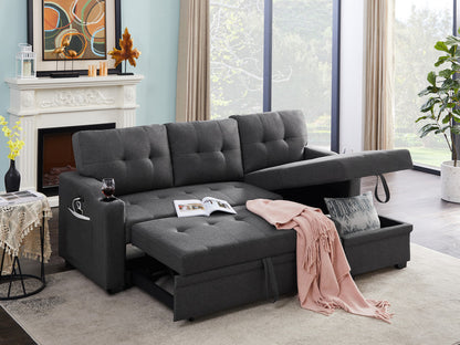 Mabel Linen Fabric Sleeper Sectional with cupholder, USB charging port and pocket - Dark Gray