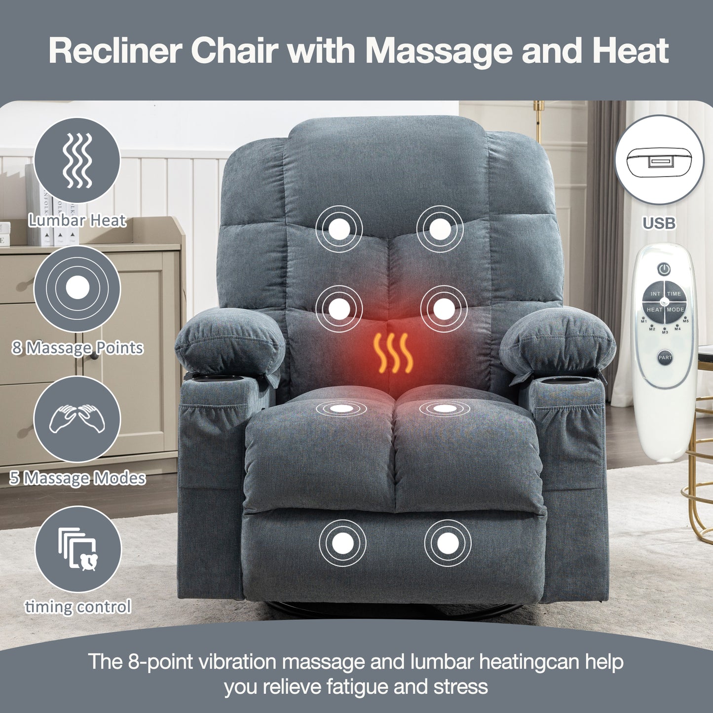 Hamza Recliner Chair Oversized with Massage and Heat - Blue