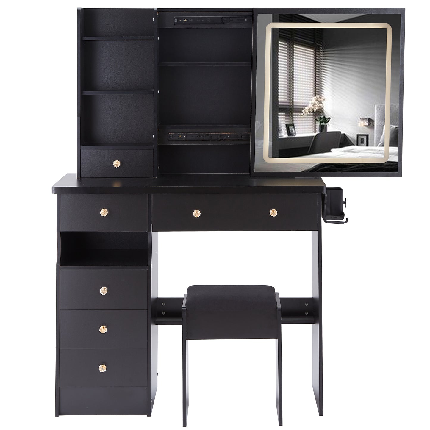 Yano Makeup Vanity Desk Set with LED Sliding Mirror - Black