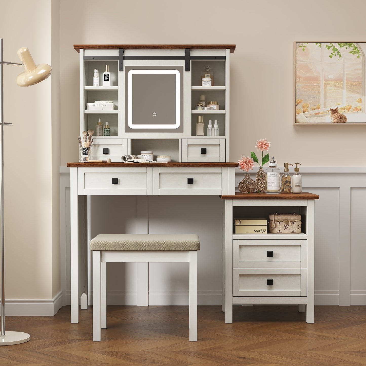 Alma Vanity Table Set with Side Cabinet and Cushioned Stool