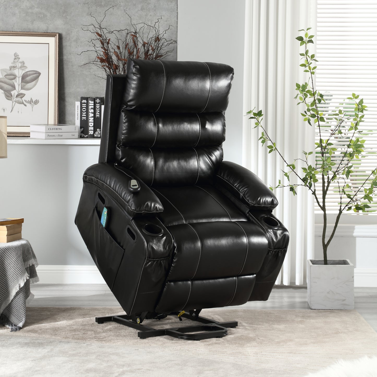 Elias Large Power Lift Recliner Chair with Massage - Black