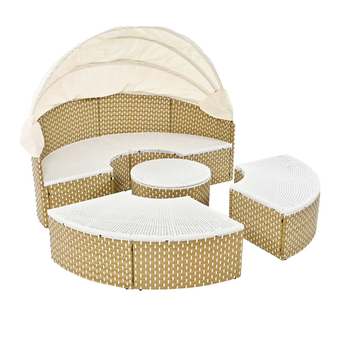 Malena 5 Pc Round Rattan Sectional Sofa Set with Retractable Canopy - Beige