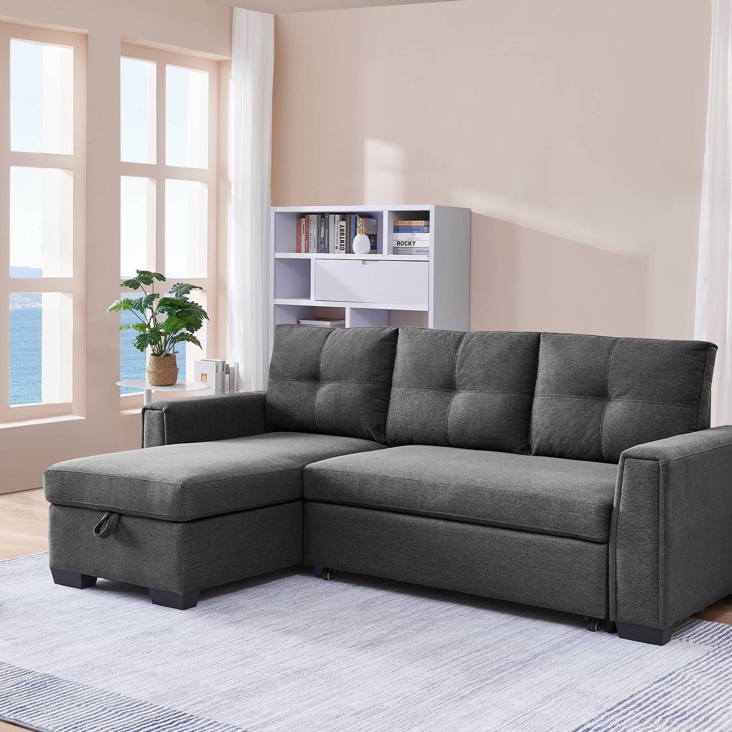 Orion 3-Seater Modular Fabric Convertible Reversible Sleeper Sectional Sofa - Dark Grey