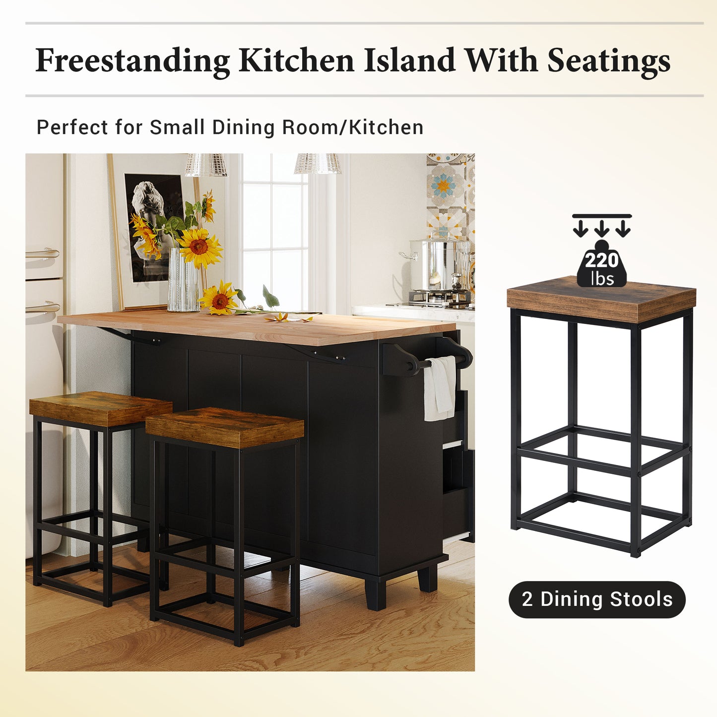 TOPMAX  Kitchen Island Set with 2 Seatings - Black