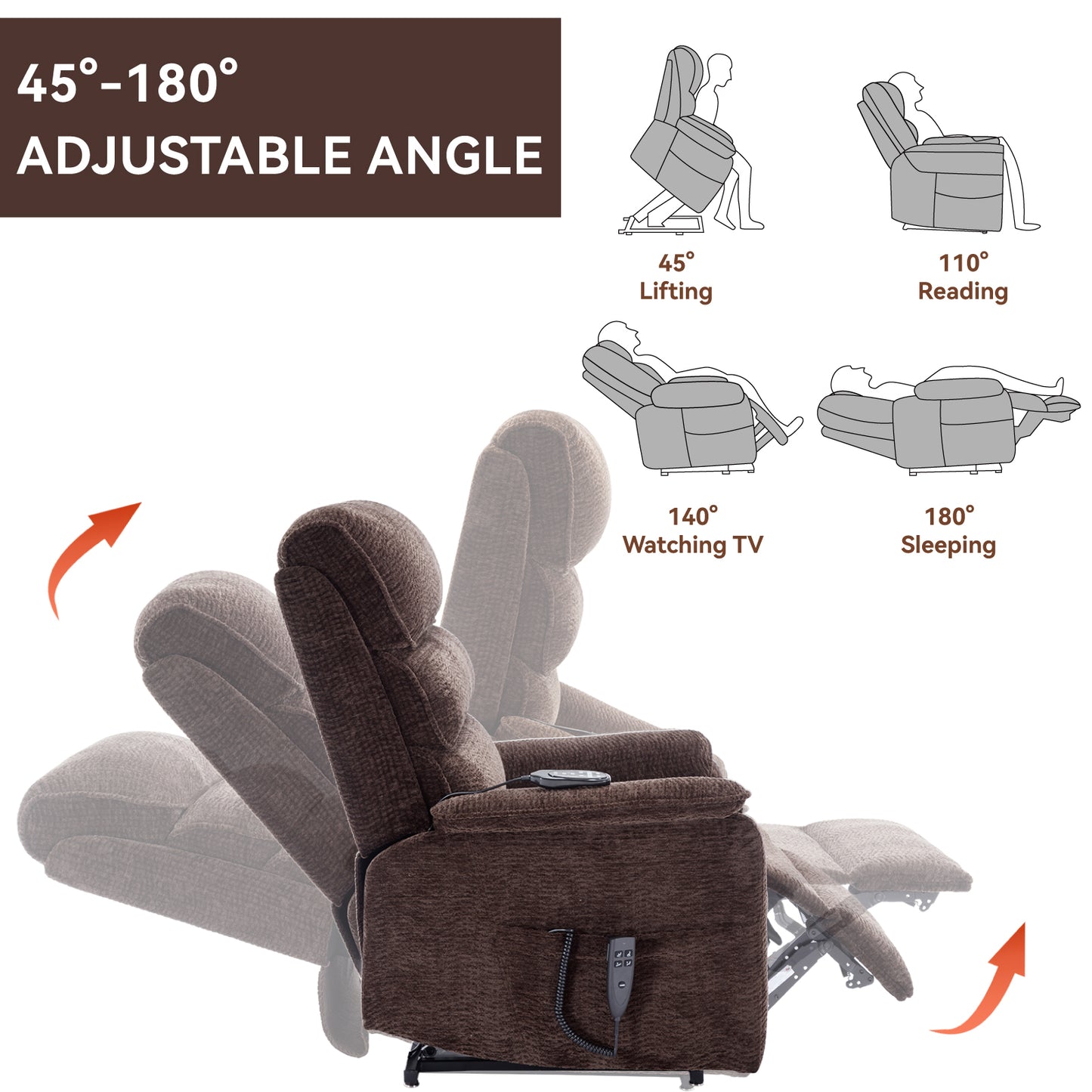 Hannah Power Lift Chenille Recliner Chair with Heat Massage - Brown