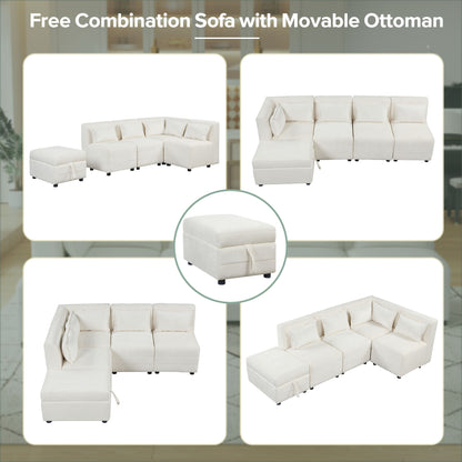 Lexi Sectional Sofa 5-seater Modular Couches with Storage Ottoman - Cream