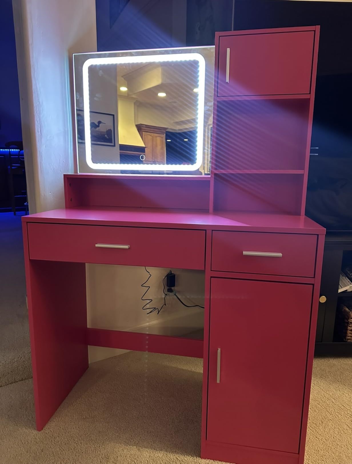 Alyssa Vanity Desk with Mirror and LED Light Strip - Rose Pink