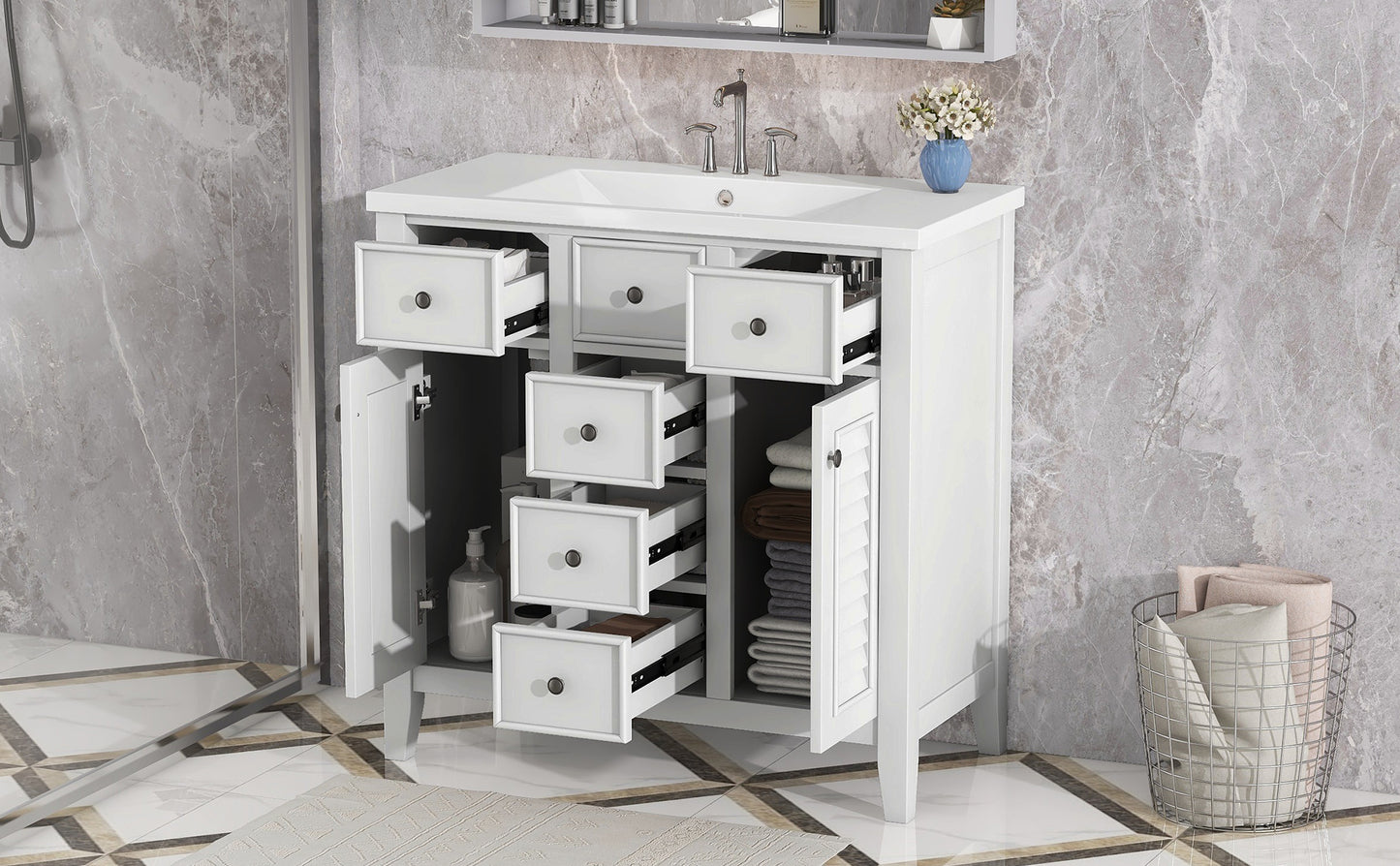 Bathroom Vanity with Ceramic Basin, Two Cabinets and Five Drawers - White