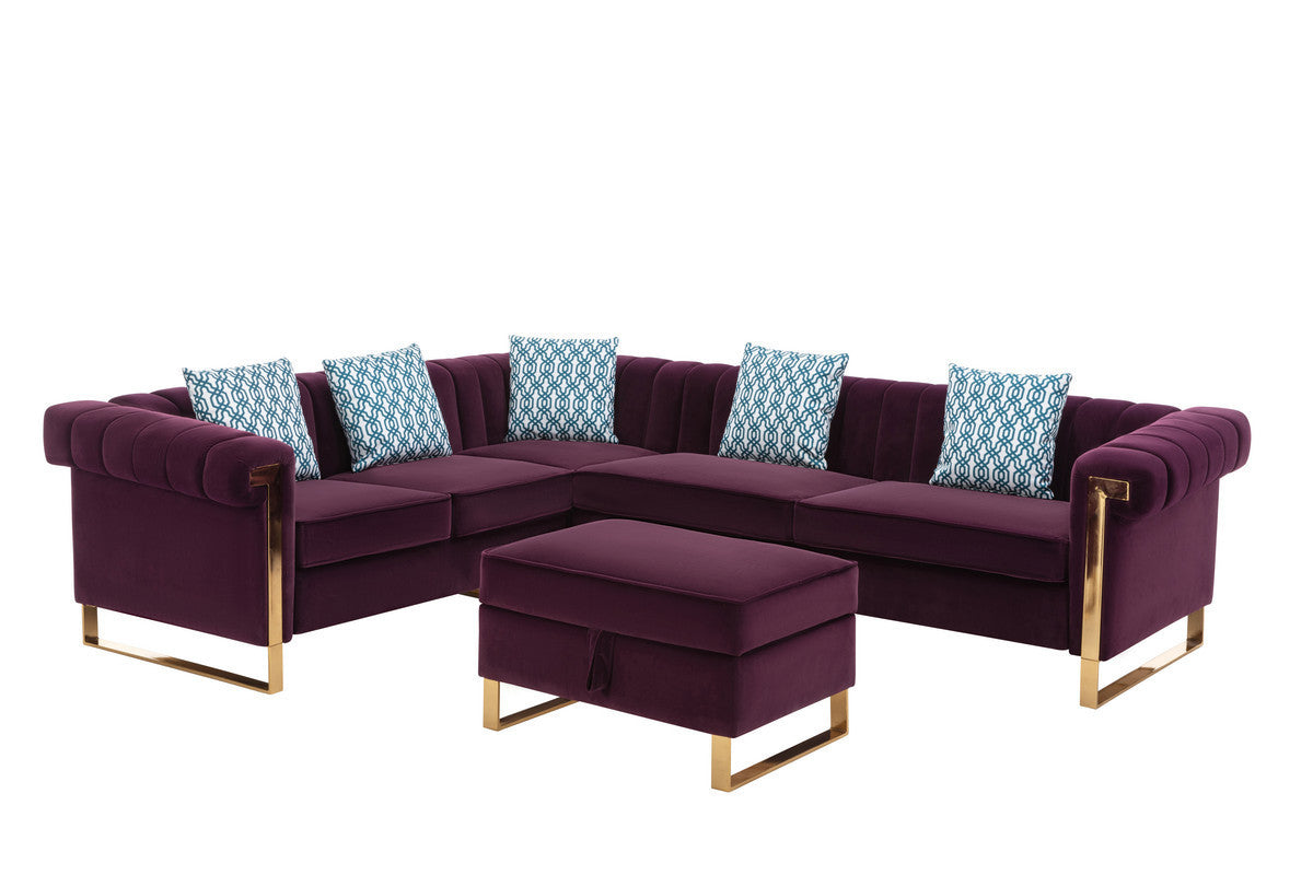 Maddie Velvet 6-Seater Sectional Sofa with Storage Ottoman - Purple