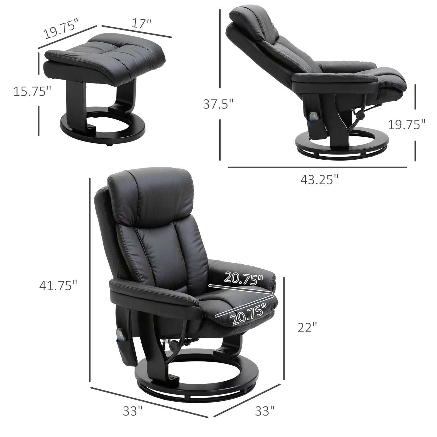 Flynn PU Leather Massage Recliner Chair with Ottoman - Black