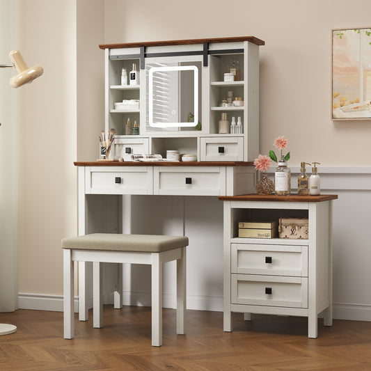 Alma Vanity Table Set with Side Cabinet and Cushioned Stool