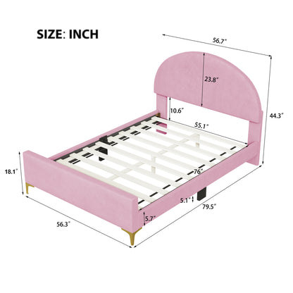 Lynn Full Size Velvet Platform Bed w Mental Legs - Pink