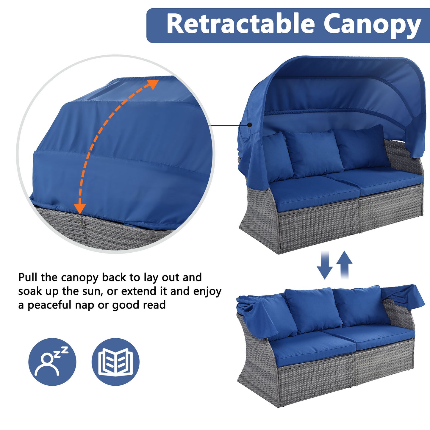 Zella Outdoor Daybed with Retractable Canopy Set - Blue