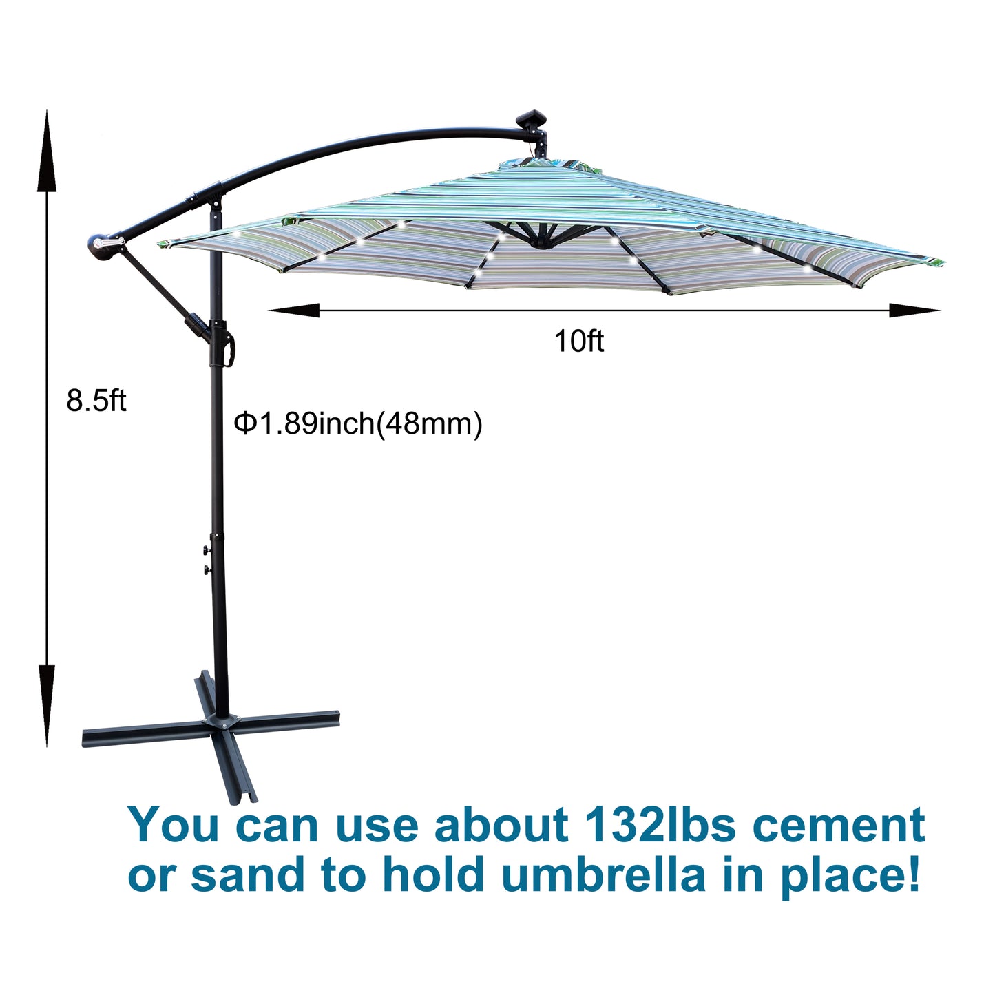 Alexa 10 ft Outdoor Umbrella Solar LED with Cross Base - Blue Striped