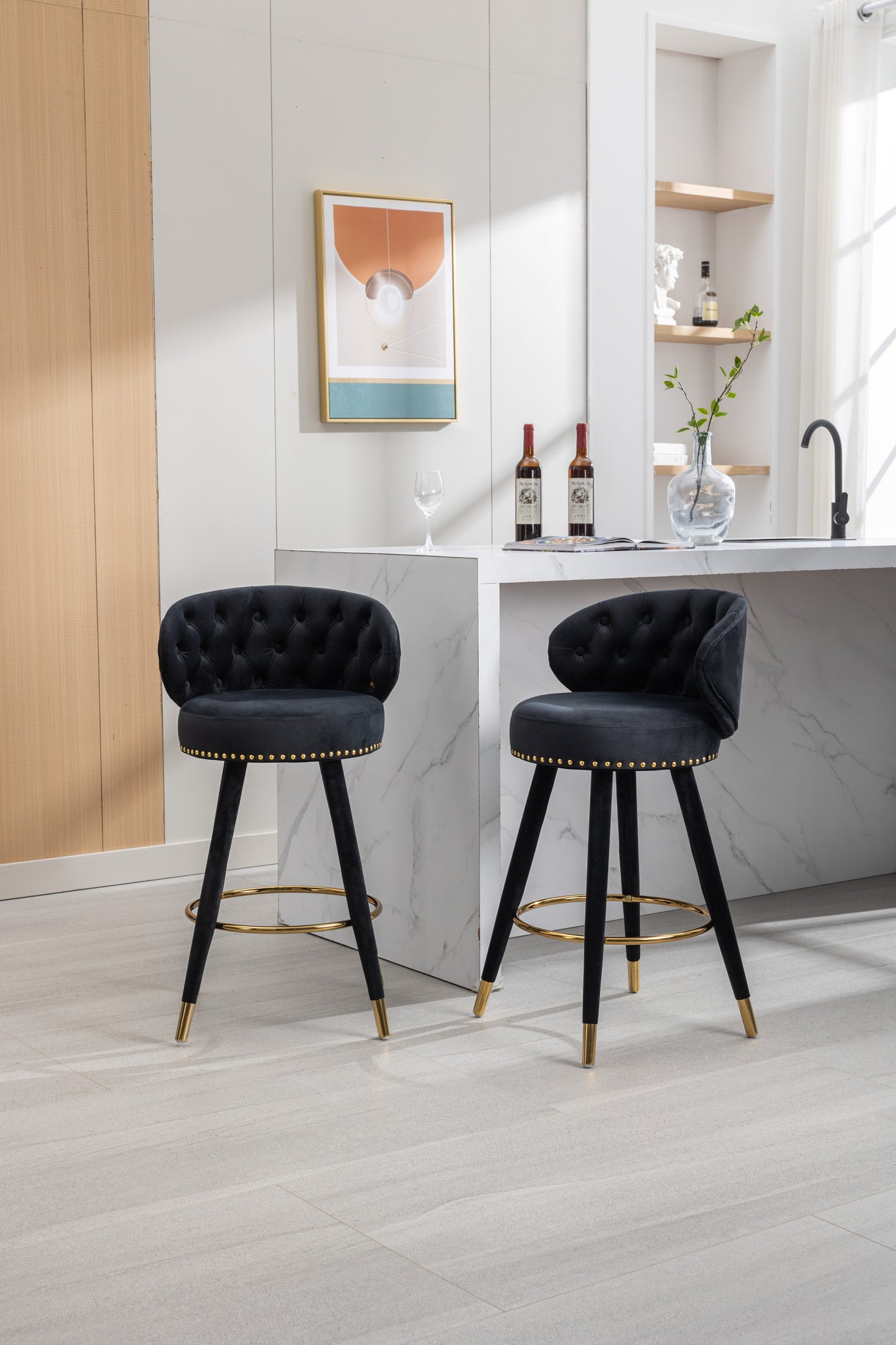 Emma Bar Stools with Back and Footrest  - Black Set of 2