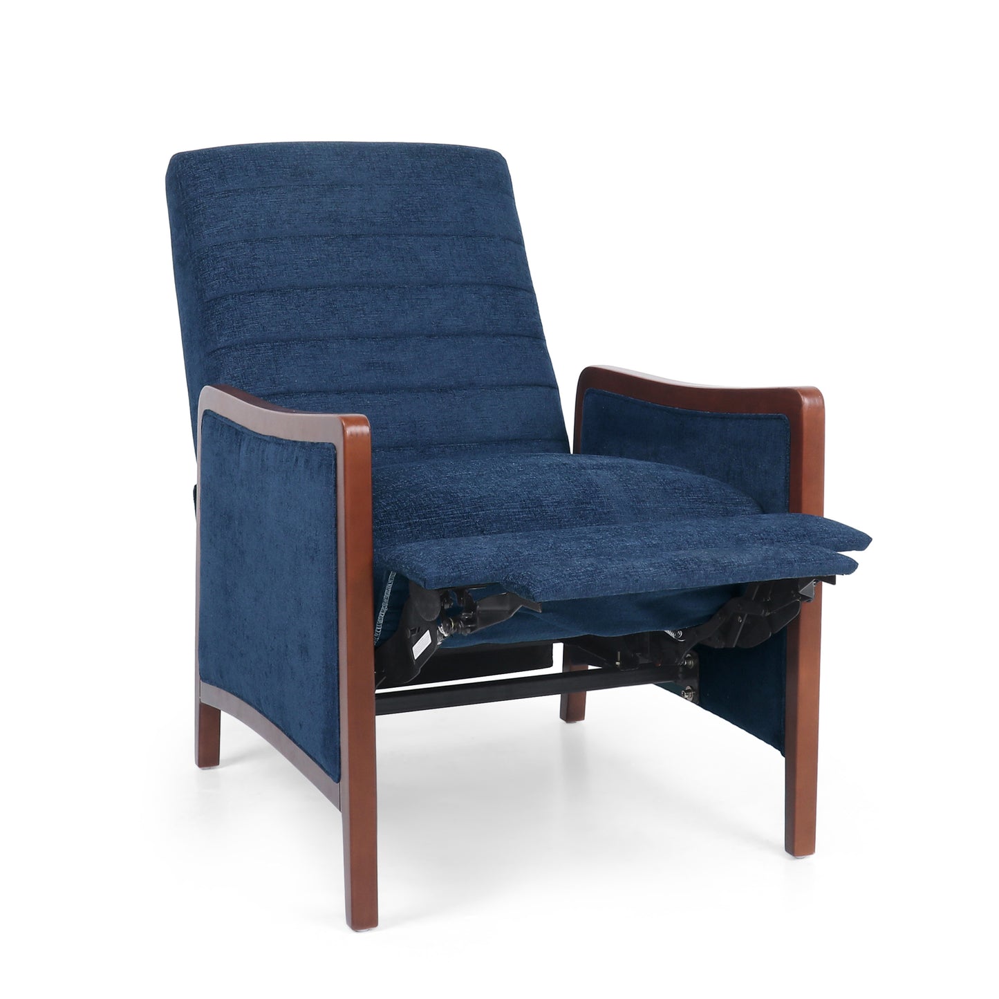 Mid Century Modern Fabric Channel Stitch Wood Pushback Recliner - Navy Blue