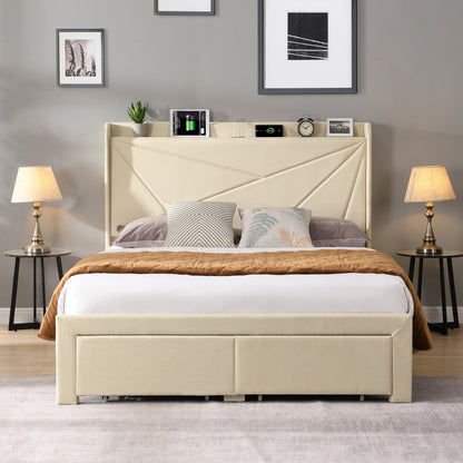 Craven Queen Size Bed Frame with 2 Storage Drawers - Beige