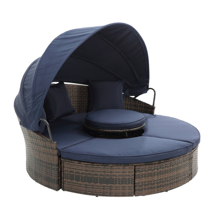 Cove Outdoor Rattan Round Lounge With Canopy - Navy Blue