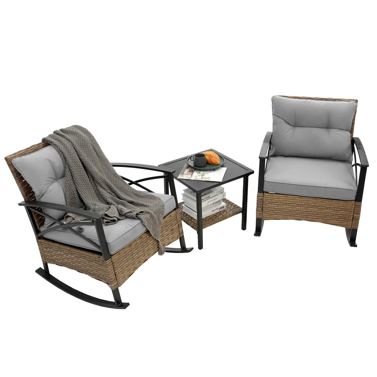 Stearns 3 Pc Rocking Rattan Set - Gray