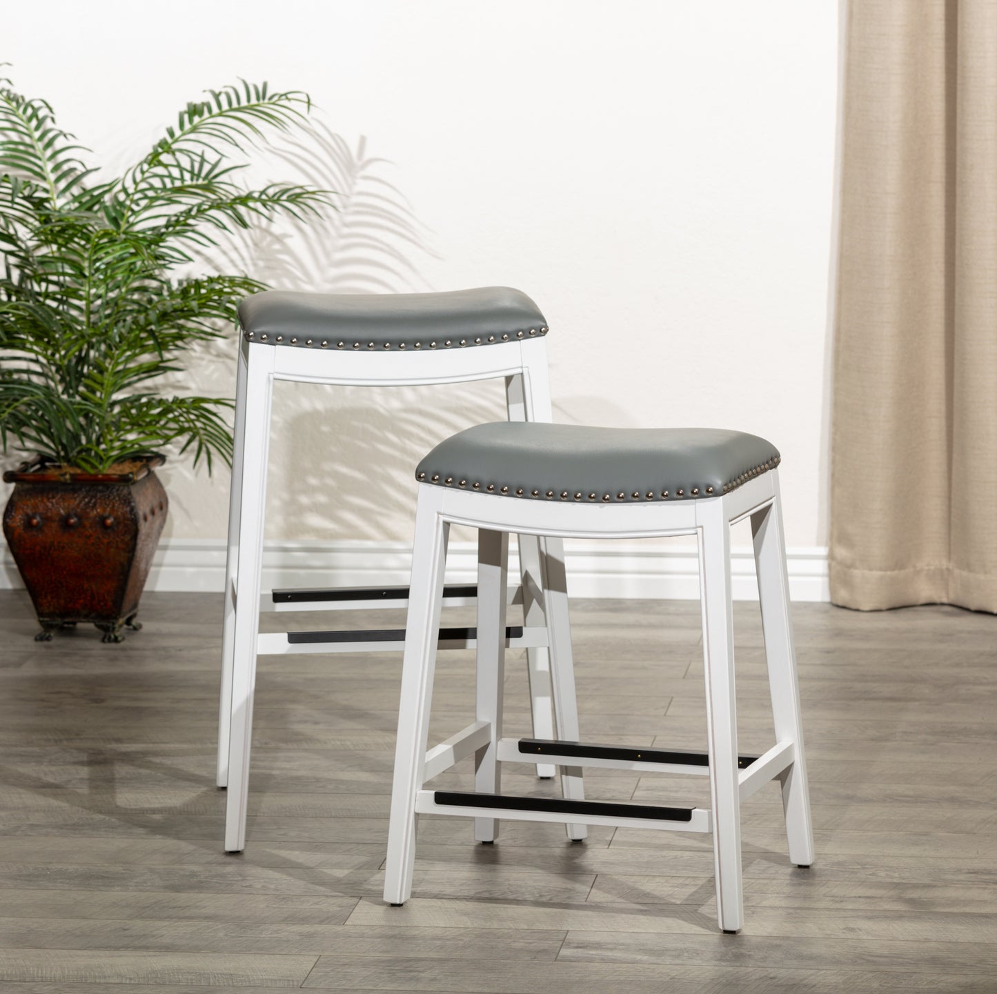 Casa  30" Bar Height Saddle Stool, White Finish, Gray Leather Seat